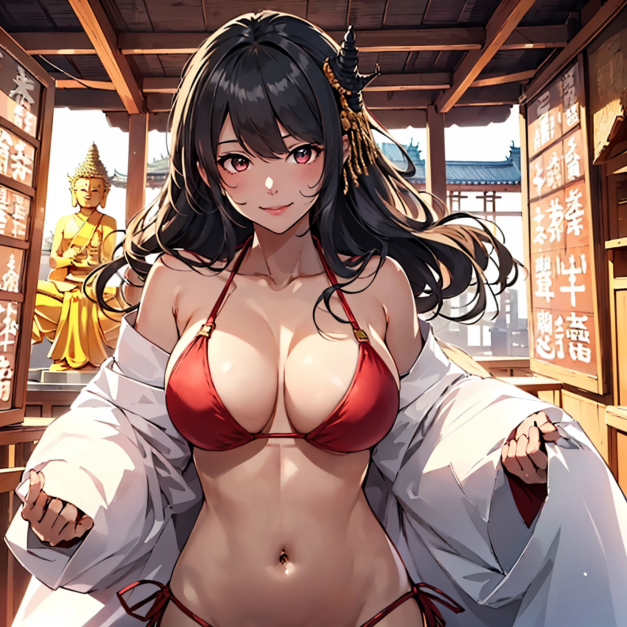 wind music _kantaicollection,
black_hair, length_hair, hair_ ornament, red_eye, Non-traditional_Shrine maiden, chest, big_chest, smile,
(  Masterpiece :1.4),( best quality:1.4), (Premium:1.4), ( amazing illustration :1.4), ( ultra detail:1.4),(Art CG, 8k), one woman alone , Konishi CSA,(Buddhist statue:1.4),
(bikini:1.4)