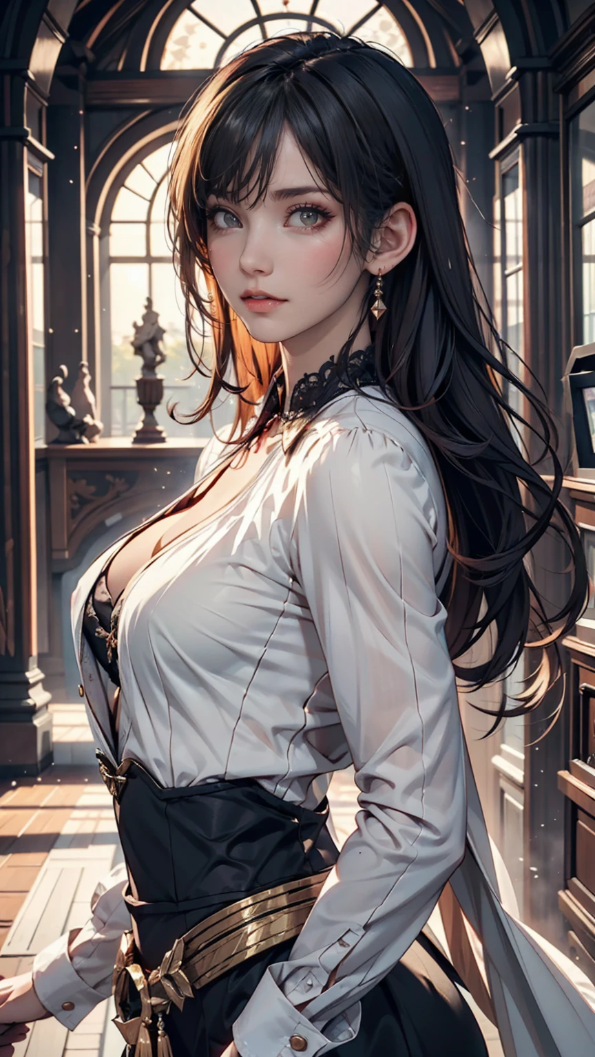 masterpiece,best quality,upper body,1woman, mature:1.4,large breasts, open shirt and flared_skirt as material2,high contrast,clay \(medium\),border,tied hair,red sclera,tsurime,hatching \(texture\)
