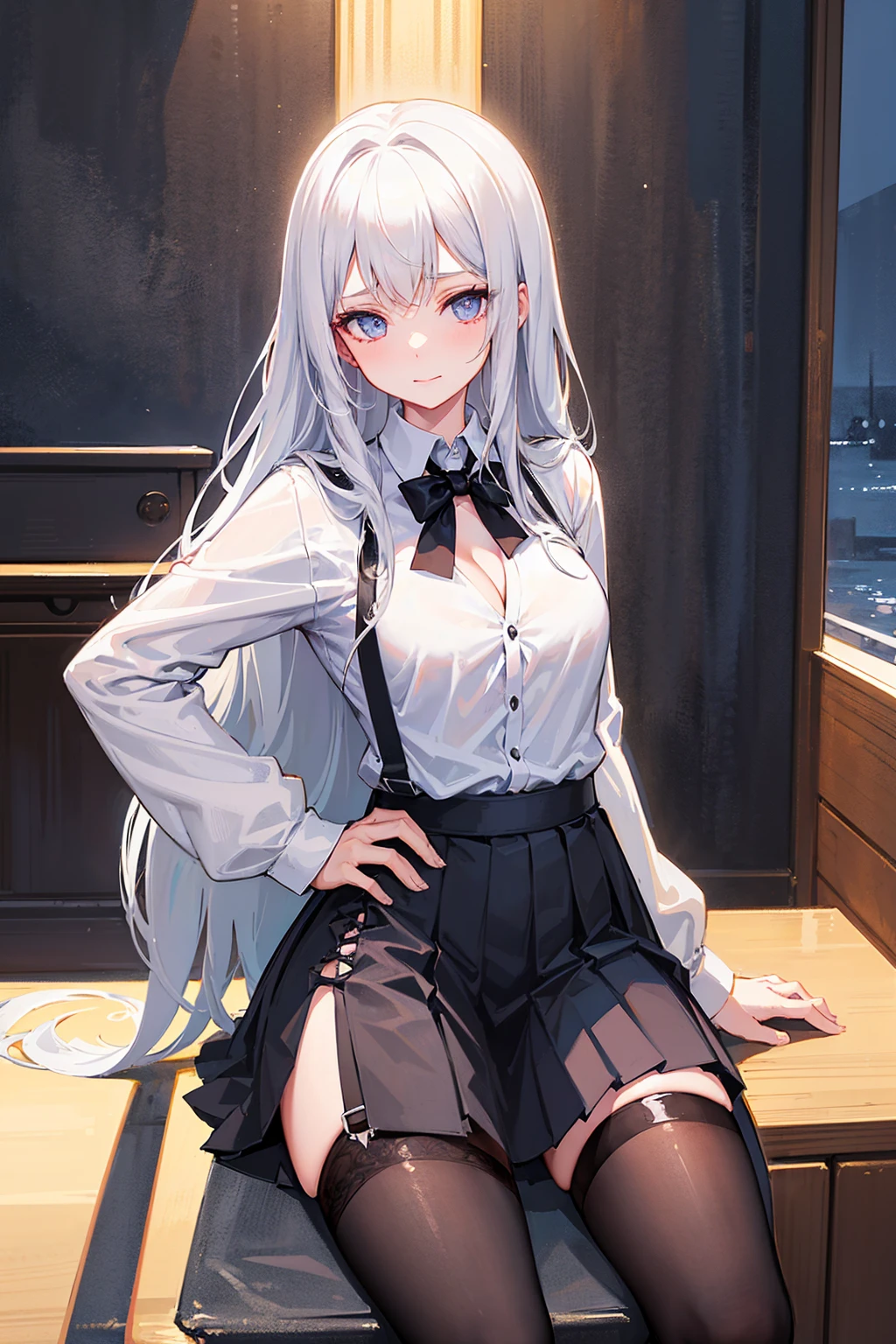 Tabletop, Highest quality, 1 girl, alone,, ,Small breasts,NSFW,,,（Sit on a chair）（Spread your legs wide）（Being looked down upon）（（You can see the streaks of the））（skirt）（Unaware）（defenseless）（I can see your underwear）（Expressionless）)))（）