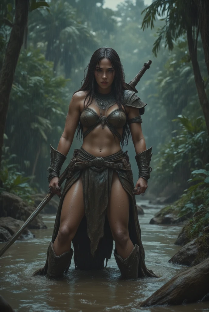 Prompt: Prompt: an image applying the rule of thirds leaving in the center a beautiful gifted warrior young woman in a swamp in a thick jungle with her sword unsheathed in a defensive position under intense rain, she wears bikini-style leather armor with iron ornaments, her skin is stained with mud and soaked, the atmosphere is one of tension and drama, cinematic., Negative prompt: EasyNegative, (3d, render, cgi, doll, painting, fake, cartoon, 3d modeling:1.4), (worst quality, low quality:1.4), monochrome, , deformed, malformed, deformed face, bad teeth, bad hands, bad fingers, bad eyes, long body, blurry, duplicated, cloned, duplicate body parts, disfigured, extra limbs, texts, english text, watermark, logo, Size: 768x1152, Seed: 2681744852, Model: flux1-dev-fp8 (1), Steps: 25, Sampler: DPM++ 2S a Karras, KSampler: dpmpp_2s_ancestral, Schedule: karras, CFG scale: 7, Guidance: 3.5, VAE: Automatic, Denoising strength: 0, Clip skip: 2, LoRA: 748e8b3a-de4d-41ec-a4c2-d332ad8147d6.TA_trained:0.80,Sweaty:0.80,786fdc41-4c91-4c5b-bc1a-66db0b44b8d4.TA_trained:0.80, Negative prompt: , Size: 768x1024, Seed: 182199936, Model: flux1-dev-fp8 (1), Steps: 25, Sampler: DPM++ 2S a Karras, KSampler: dpmpp_2s_ancestral, Schedule: karras, CFG scale: 7, Guidance: 3.5, VAE: vae-ft-mse-840000-ema-pruned.ckpt, Denoising strength: 0.5, Clip skip: 2, LoRA: b7d4ebd8-d025-476a-bd3f-b3323368b104.TA_trained:1.00,cab5da8c-666e-4957-a7fd-6f5609c59ecf.TA_trained:0.80,68f13d2c-03da-466a-bccc-e9f20a623610.TA_trained:0.80, Hires resize: 768x1024, Hires steps: 10, Hires upscaler: 4x-UltraSharp