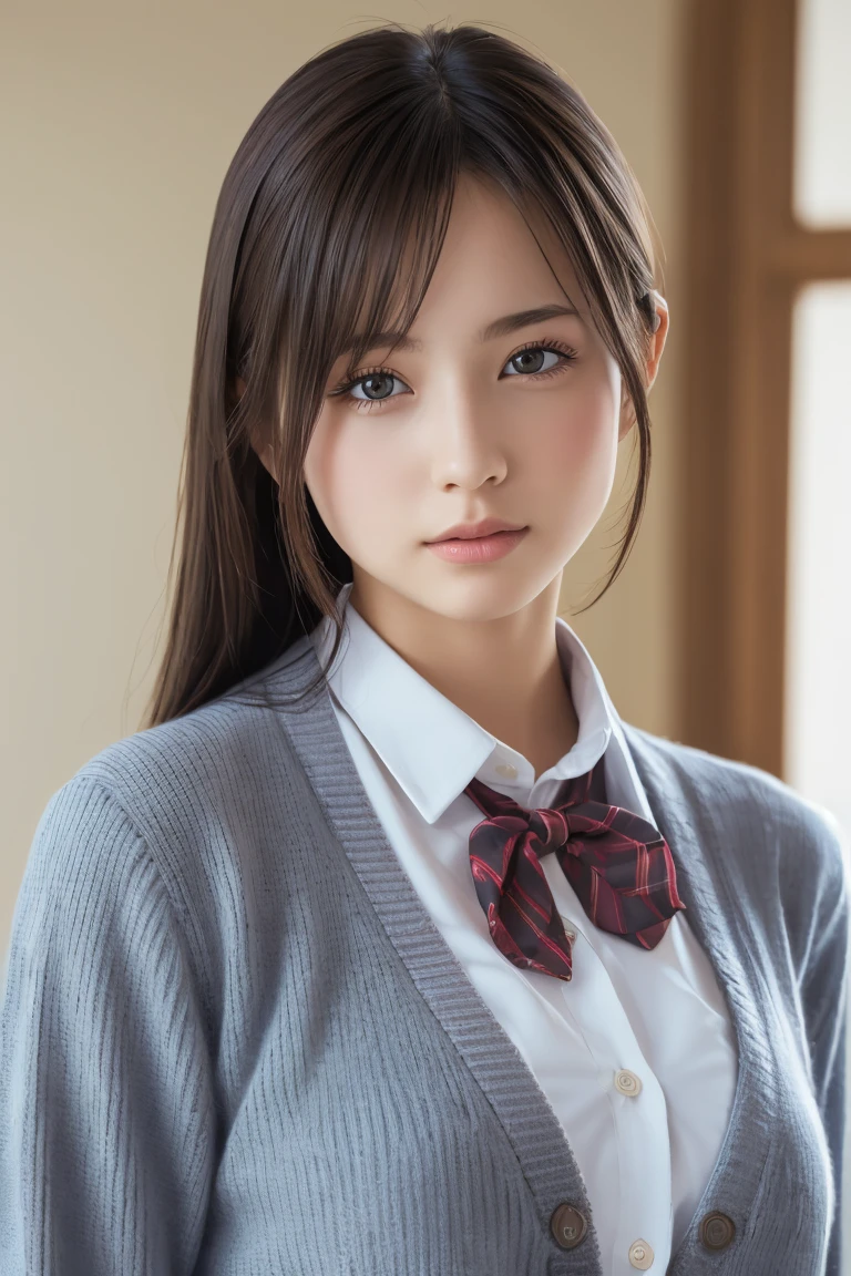 (8k,  RAW photos ,  best quality,  high definition :1.1), (Ultra-realistic:1.4),(Realistic, Realistic:1.3), Japanese beauty,  school uniform, (( cardigan)),(( upper body:1.3)),