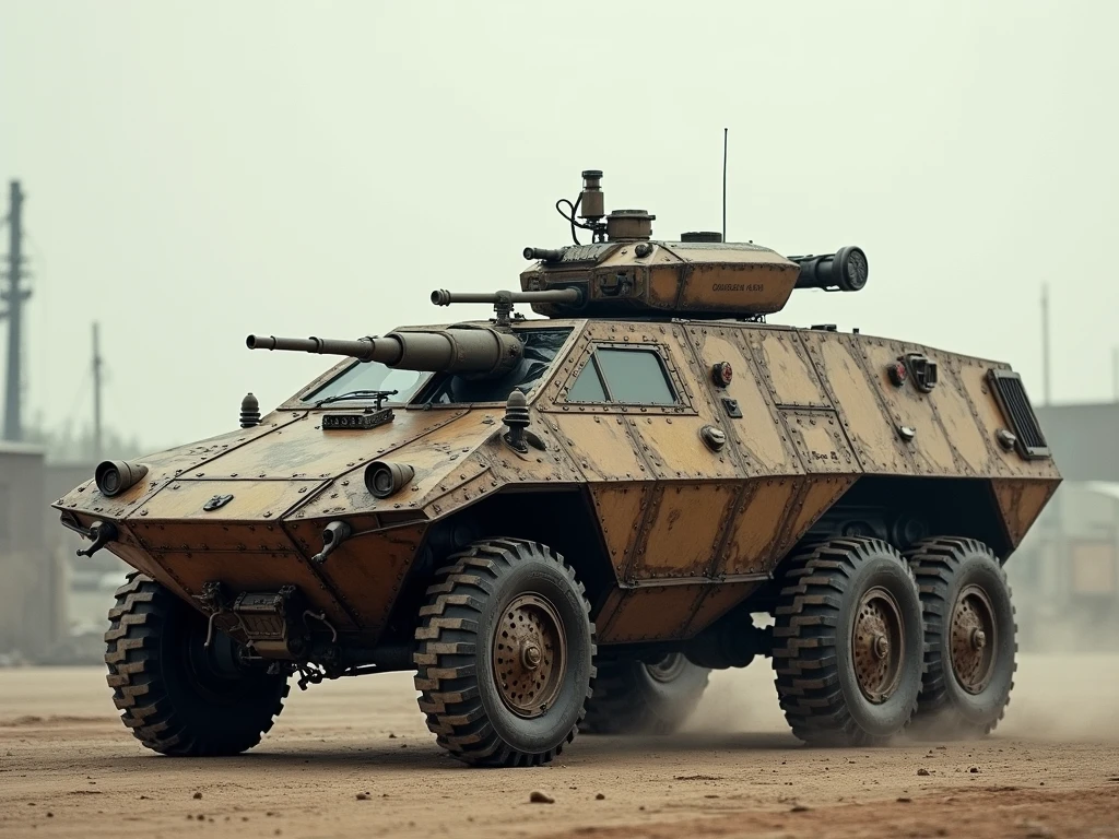 A vintage war tank from World War 2, (classic war tank:1.1), battle-scarred and weathered, (battle-hardened:1.2), crashed on the desolate landscape, (desolate war zone:1.3), strewn with debris and wreckage, (scattered ruins:1.4), remnants of a plane crash, (destroyed aircraft:1.3), its twisted metal and shattered propellers, (twisted wreckage:1.2), serving as a haunting reminder of the past. Amidst the wreckage, a heavy bomb lays dormant, (lethal ammunition:1.1), its formidable power waiting to be unleashed. Nearby, a group of determined humans stand armed with rifles,