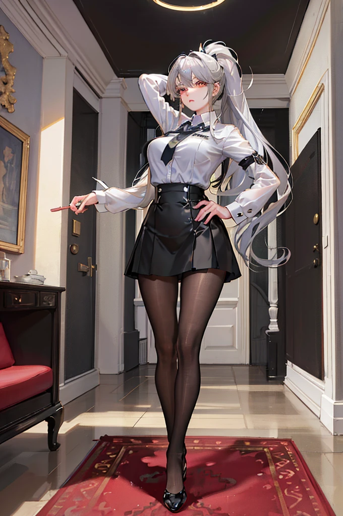 best quality, masterpiece, ultra high res, photorealistic, 1girl,  smile, perfect face, beautiful face, beautiful eyes, ((perfect female body, narrow waist)), fantasy, dreamlike, unreal, science fiction,1girl,
masterpiece, best quality:1.2),illustration,8k,hd,1girl,solo,upper body,(portrait:1.2),very_long_hair,large_breasts,red_eyes,white_school_uniform,white_hair,necktie,red_necktie,skirt,bare_shoulders,boots,detached_sleeves,sleeveless,black_thighhighs,zettai_ryouiki,thigh_boots,garter_straps,