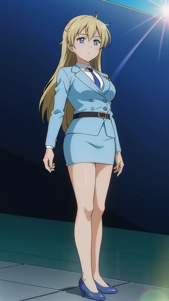 Blonde、 long hair、Hair band、茶colorの瞳、悲しいface, Full Body Style 、 normal breasts、 narrow waist 、Bare legs、 in a suit、 blue jacket ,襟付き shirt, shirt,  blue tie,belt,,  Blue Mini Pencil Skirt, black tights,Black High Heels, Official Art, Extremely Detailed CG Unity 8K Wallpaper , perfect lighting, colorful , bright _ Front_face_Lighting,  shiny skin, ( masterpiece:1.0),(Highest_quality:1.0), 超 high definition ,4K, super detailed photo shoot, 8k,  high definition ,  high definition ,  looking for something in an absurd :1.2,  Kodak Portra 400,  Film Grain,  blurry background, Bokeh:1.2,  lens flare , ( vibrant _ color:1.2), Professional photography,Anime Images