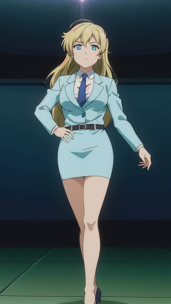 Blonde、 long hair、Hair band、茶colorの瞳、悲しいface, Full Body Style 、 normal breasts、 narrow waist 、Bare legs、 in a suit、 blue jacket ,襟付き shirt, shirt,  blue tie,belt,,  Blue Mini Pencil Skirt, black tights,Black High Heels, Official Art, Extremely Detailed CG Unity 8K Wallpaper , perfect lighting, colorful , bright _ Front_face_Lighting,  shiny skin, ( masterpiece:1.0),(Highest_quality:1.0), 超 high definition ,4K, super detailed photo shoot, 8k,  high definition ,  high definition ,  looking for something in an absurd :1.2,  Kodak Portra 400,  Film Grain,  blurry background, Bokeh:1.2,  lens flare , ( vibrant _ color:1.2), Professional photography,Anime Images