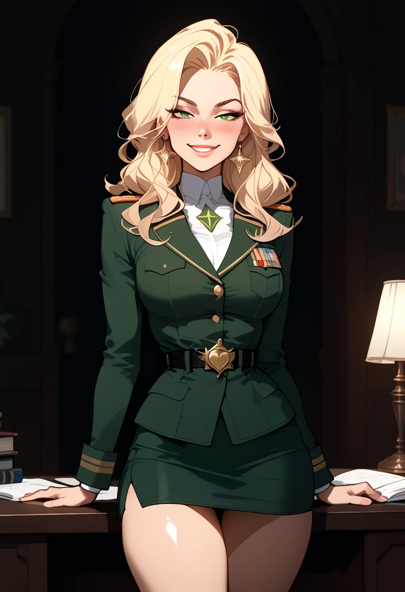  perfect details ,     a sexy woman wearing her wavy and long blonde hair,   looking seductively and smiling at  , half-open eyes  ,soft lips, blushed intensely , sexy green military costume  ( suit and very short pencil skirt , Distinction)  leg tattoo , ,  thick thighs  ,And Caminho  ,seductive pose,flirt, medium chest,    perfect body  , 