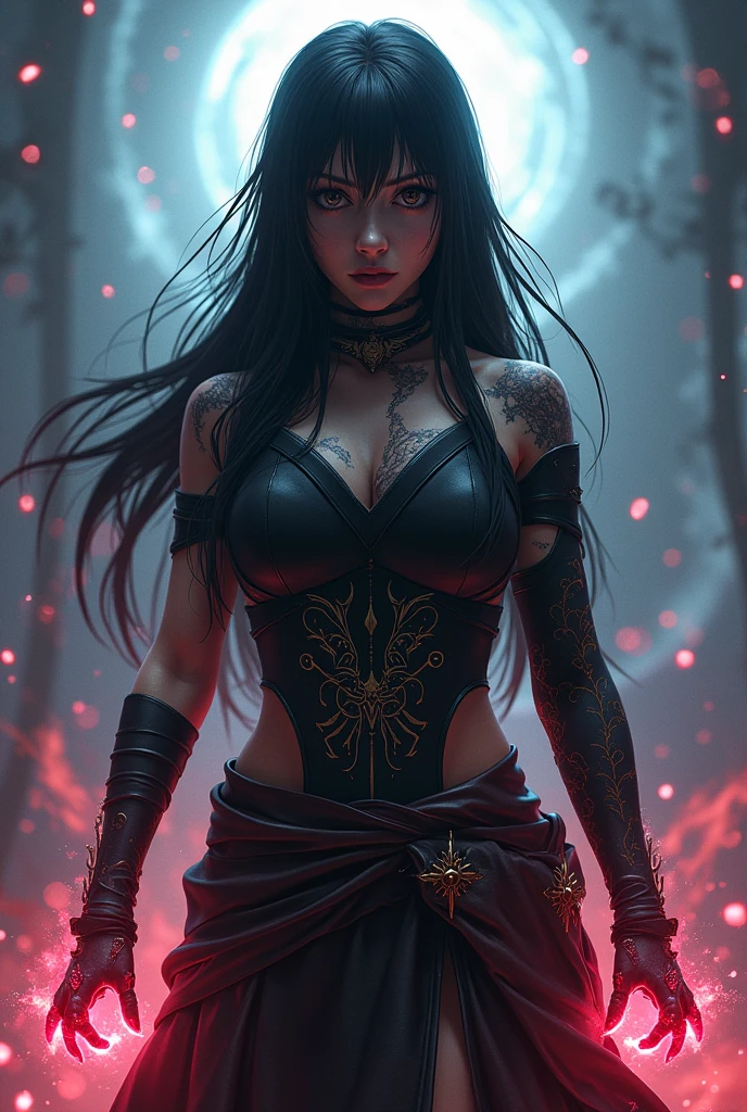 4k realistic ultra detailed photography of an athletic demonic woman, demonic woman wearing a maxi leather dress, hairstyle is a crazy braided hairstyle, demonic woman in a menacing moving standing model pose, photo background is a wall of smoke with black roses coming out of it, mood of the photography is gloomy, big lots of fiery tattoos