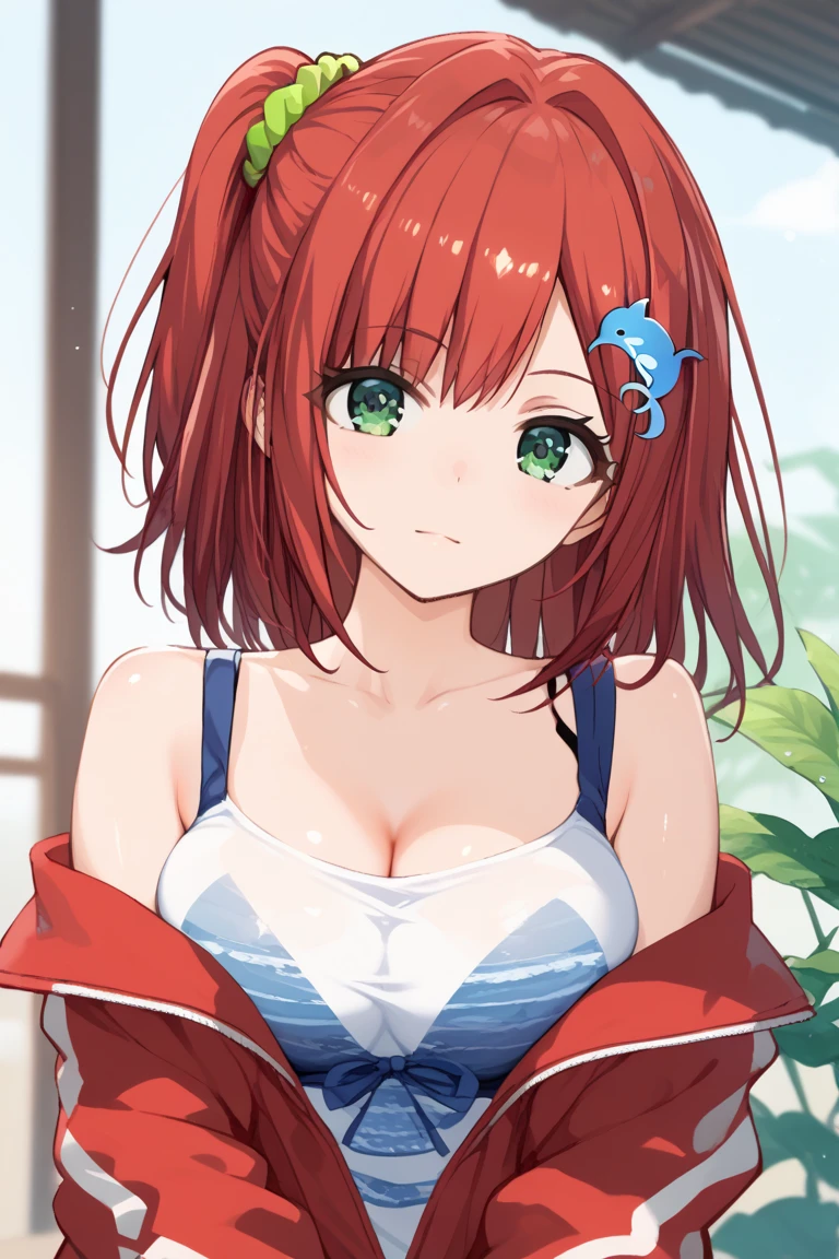 score_9, score_8_up, score_7_up, source_anime, sakimiya iruka, red hair, (green eyes, one side up), medium hair, green scrunchie, hair ornament, shiny skin,立ち絵, 