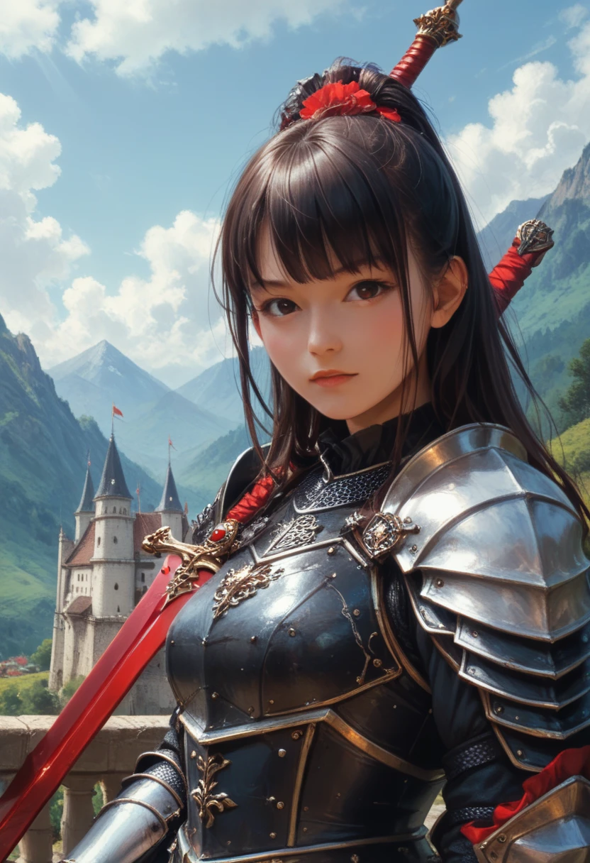 ( Fantasy Art ), ( portrait of a beautiful female knight, hkstyle, suzuka nakamoto xl), Castle background on top of a mountain ,  (Red Sword,  black armor, Red accent)