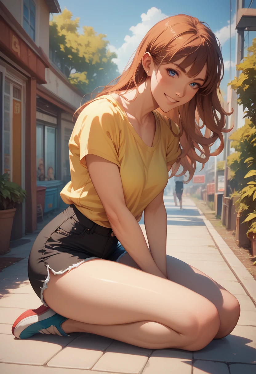 a cartoon drawing of a woman in a yellow shirt and black shorts, Stronger pose , (sfw)  safe for work, posture of arms in jugs , full body portrait of a !, detailed and exquisite fanart , Hands behind her body posing !, thighs!!!, thighs!!!!!!,  pretty face with arms and legs , , female protagonist 👀 :8, legs and arms