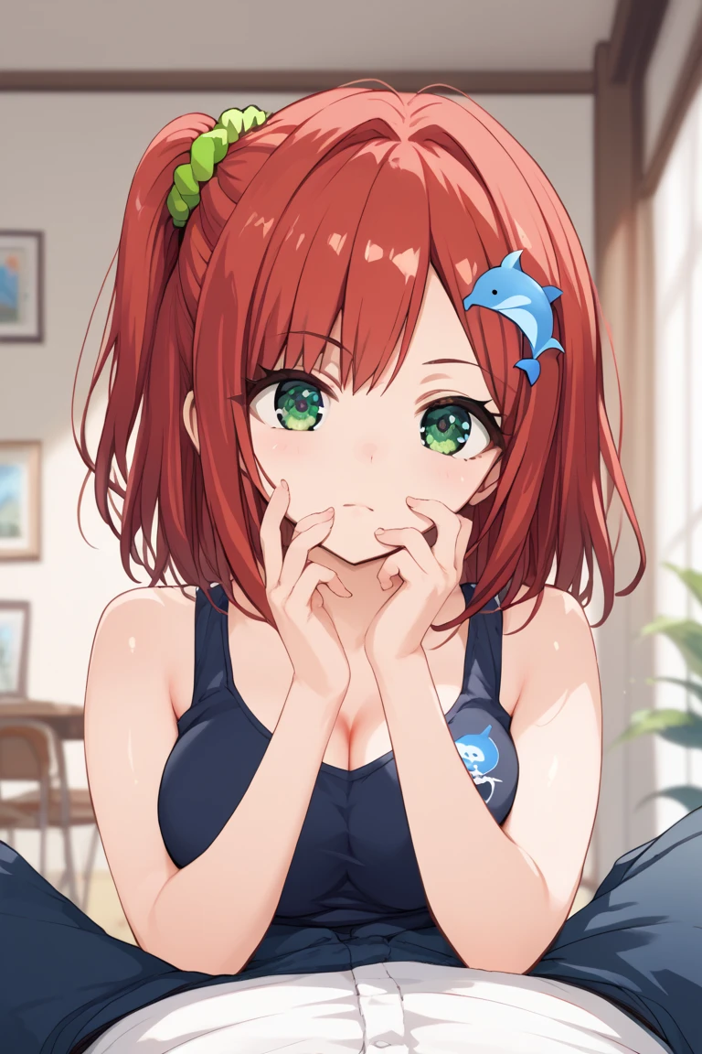 score_9, score_8_up, score_7_up, source_anime, sakimiya iruka, red hair, (green eyes, one side up), medium hair, green scrunchie, hair ornament, shiny skin,立ち絵, 