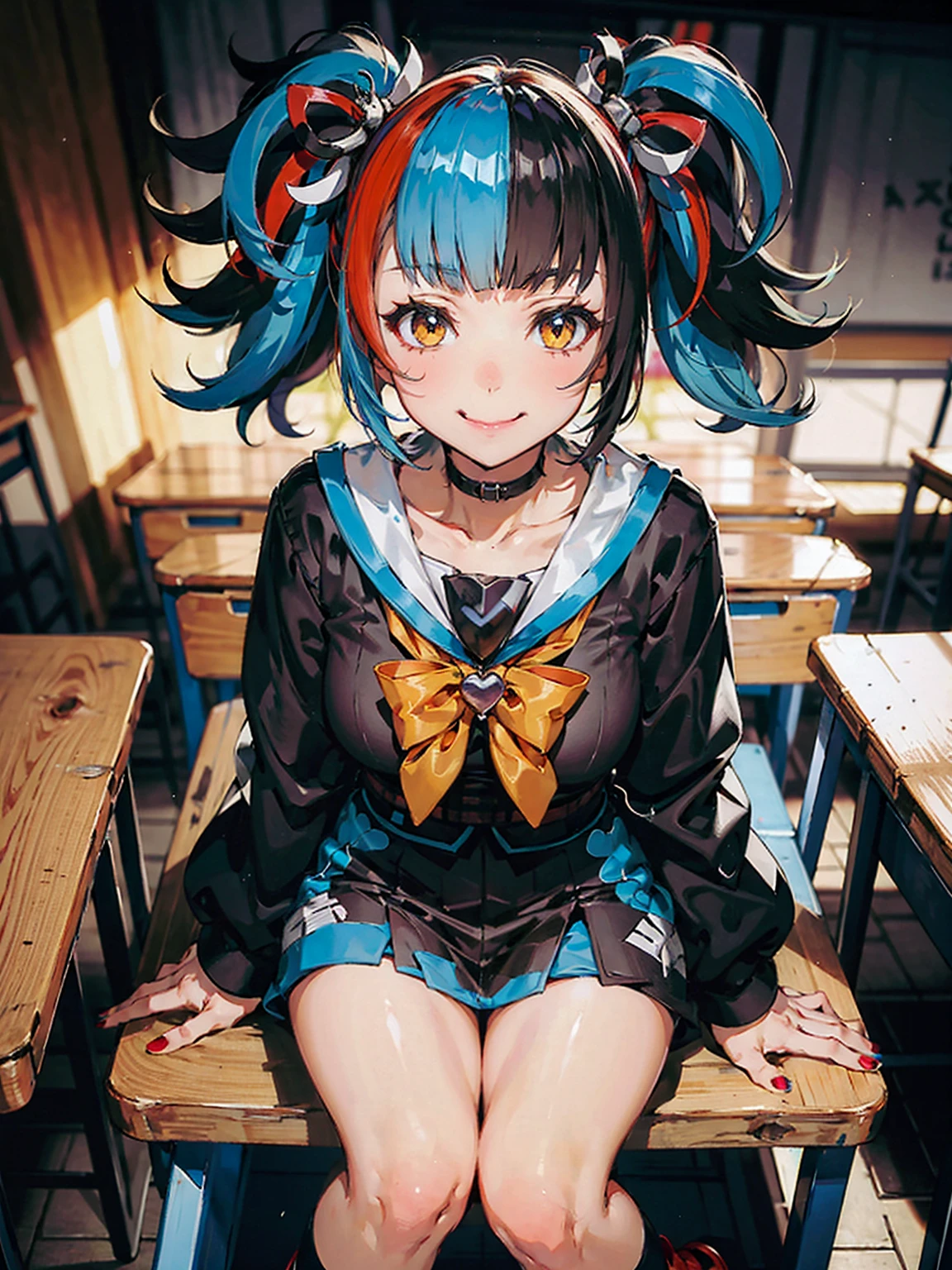 SeiShonagon,  one girl , Alone,  yellow eyes,  twin tails, Alone,  blue hair, multicoloRed Hair,  black hair, Red Hair,  jacket,  color, Seraph, sailor  color,  bow tie,  red ribbon , heart, Black socks,  Knee Socks , Red footwear,  nail polish breakage, upper body,Bright classroom,( sitting, legs), spreads legs, Evil Smiles , panchira , headrest, focuses on her crotch 