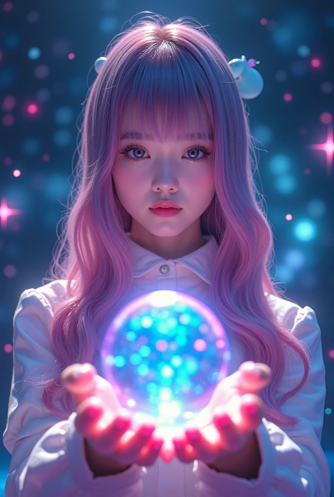 live-action ,  long hair with colorful 3D hologram spheres  ,  holding colorful 3D hologram spheres on the palm ,  dynamic and beautiful ,  surrounded by a fantastic cosmic background filled with stars and galaxies, Showcasing advanced technology and a sense of surprise ,  vibrant colors. very cute ,  1 Japanese idol , 20 years old、 symmetrical eyes next to woman ,  eyelash ,  Extremely thin skin with great attention to detail ,perfect anatomy ( chubby,) ,