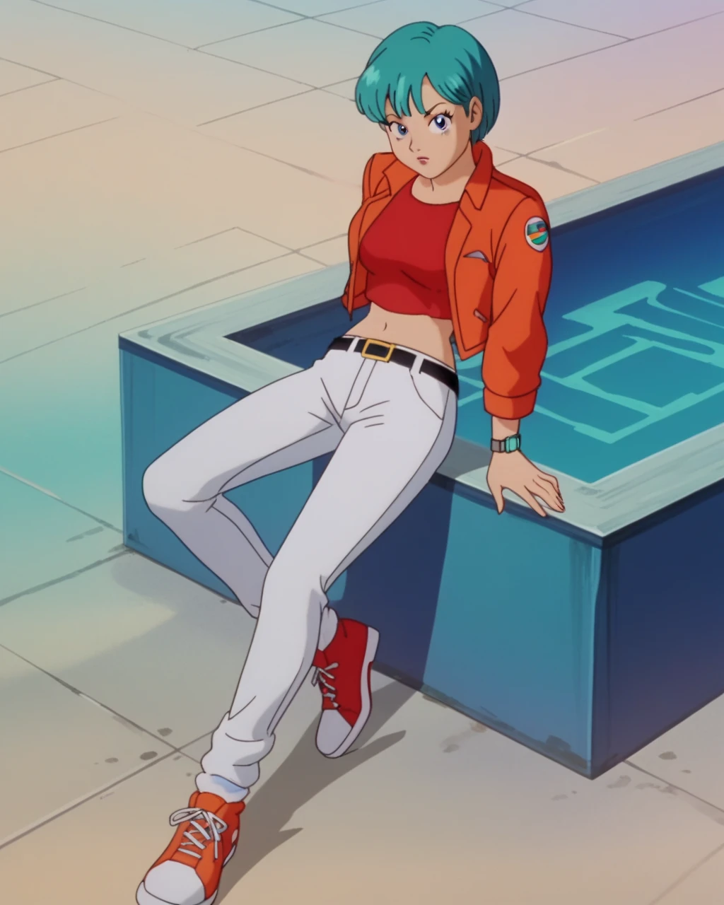 source_anime, score_9, score_8_up, score_7_up, anime screencap,
bulma, cell saga, short hair, aqua hair, bob cut, bangs, blue eyes, 1girl, solo, sleeveless jacket, open clothes, midriff, belt, orange jacket, open jacket, red crop top, white pants, wristwatch, loose socks, red footwear, sneakers
 