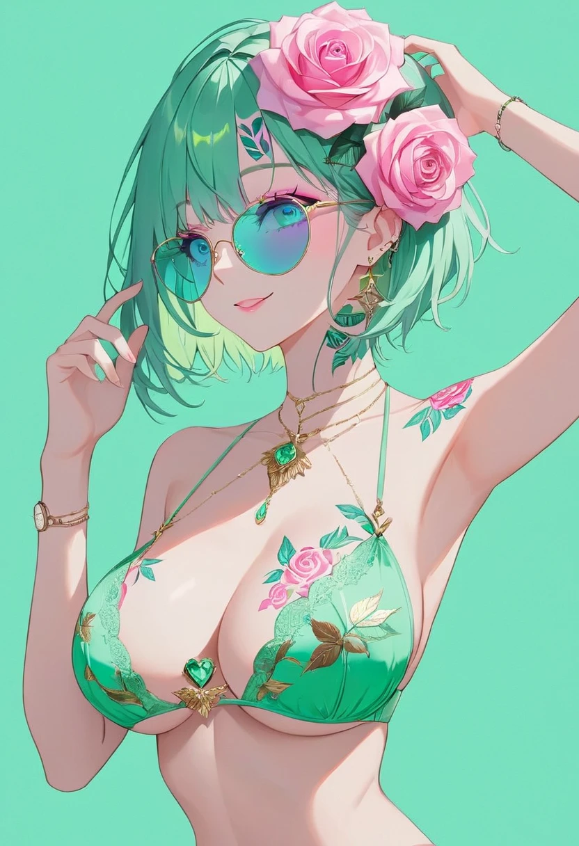 {{{nsfw}}}, {{{topless}}}, large breasts, bra lift, {{{nipples}}}, one woman smiling, female profile, Face tattoo,Leaf shape ,Eyes, digital tattoo , neon color ,Neon Green, green base green hair,Pastel colors, short bob hair,  barrette masterpiece ,Best Quality,Exquisite,8k, absurd,Ultra-detailed illustrations,(Watch the audience), full body, rose pattern print lingerie, neon pink side tie panties, face waiting for kiss, Elegant sunglasses with gold accents on head, gemstone pierce, armpits, 