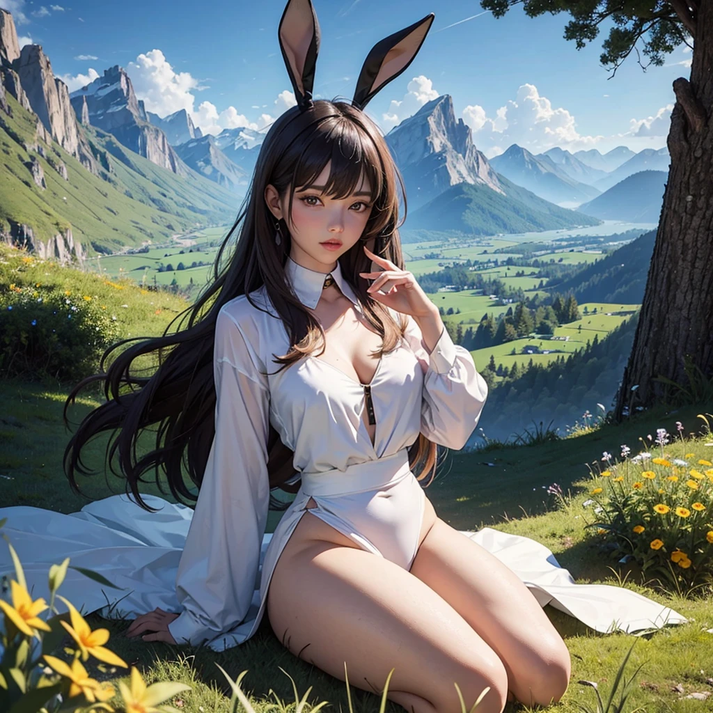 best quality, ultra-detailed, masterpiece, fine details, high res, 8k wallpaper, best quality, highres, cowboy shot, easter bunny, very flat chest, small , painfully pretty, superbly sexy, spaghetti strap top, garter belt, lingerie, doing superhero stuff, beautiful girl, woman, solo, fly, sky, cloudy sky, (cute:1.3), realistic, (cute), (detailed face), detailed eyes, detailed iris, detailed skin, masterpiece, professional photoshoot, perfect face, spaghetti strap top
