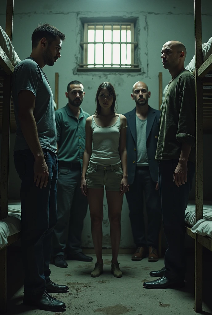 Scared people hiding in a crumbling basement in the future