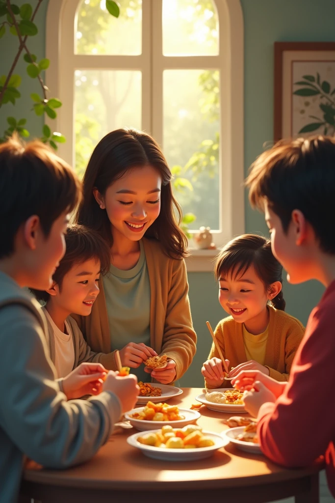 Filipina Woman in her 30's taking care of her 3 children, 2 boys in High School and 1 girl in elementary, a professional husband. All of them eating breakfast