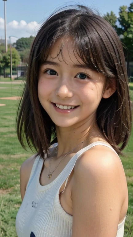 japanese girl, short bob hair, (masterpiece,   best quality,   High Definition  ,   super detailed, 8k, 4K),  ((((Transcendental cute 8th grader)))) 、((smile))、 sports practice 、Club activity practice 、run、1 person、(((Detailed super transcendental cute face)))