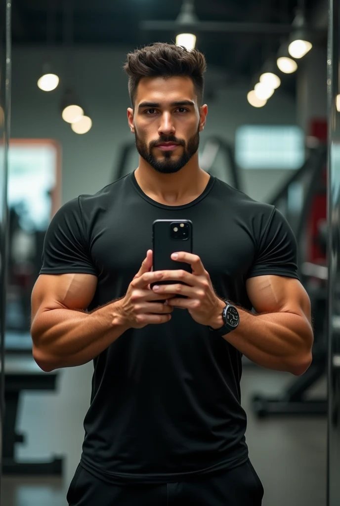 Make me a picture of a guy with his six pack taking a picture with his cell phone