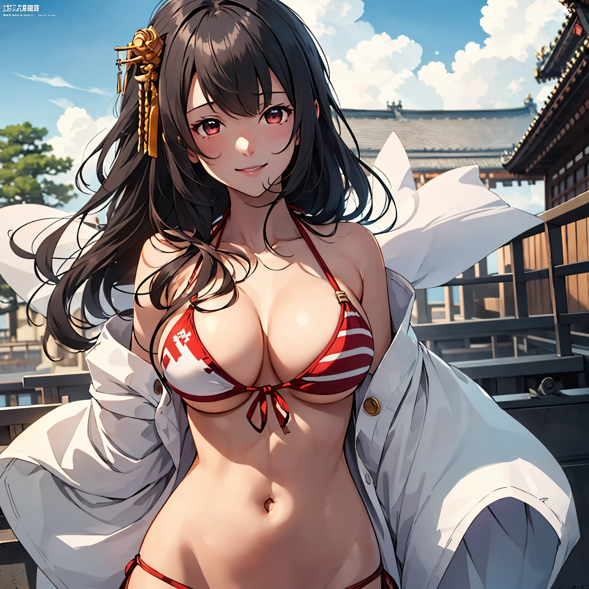 wind music _kantaicollection,
black_hair, length_hair, hair_ ornament, red_eye, Non-traditional_Shrine maiden, chest, big_chest, smile,
(  Masterpiece :1.4),( best quality:1.4), (Premium:1.4), ( amazing illustration :1.4), ( ultra detail:1.4),(Art CG, 8k), one woman alone , Konishi CSA,(Buddhist statue:1.4),
(bikini:1.4)