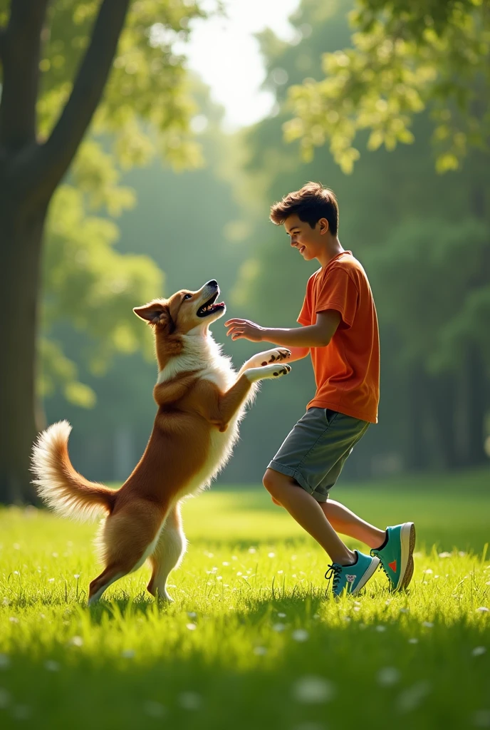 A boy throws a Frisbee, a dog chases him