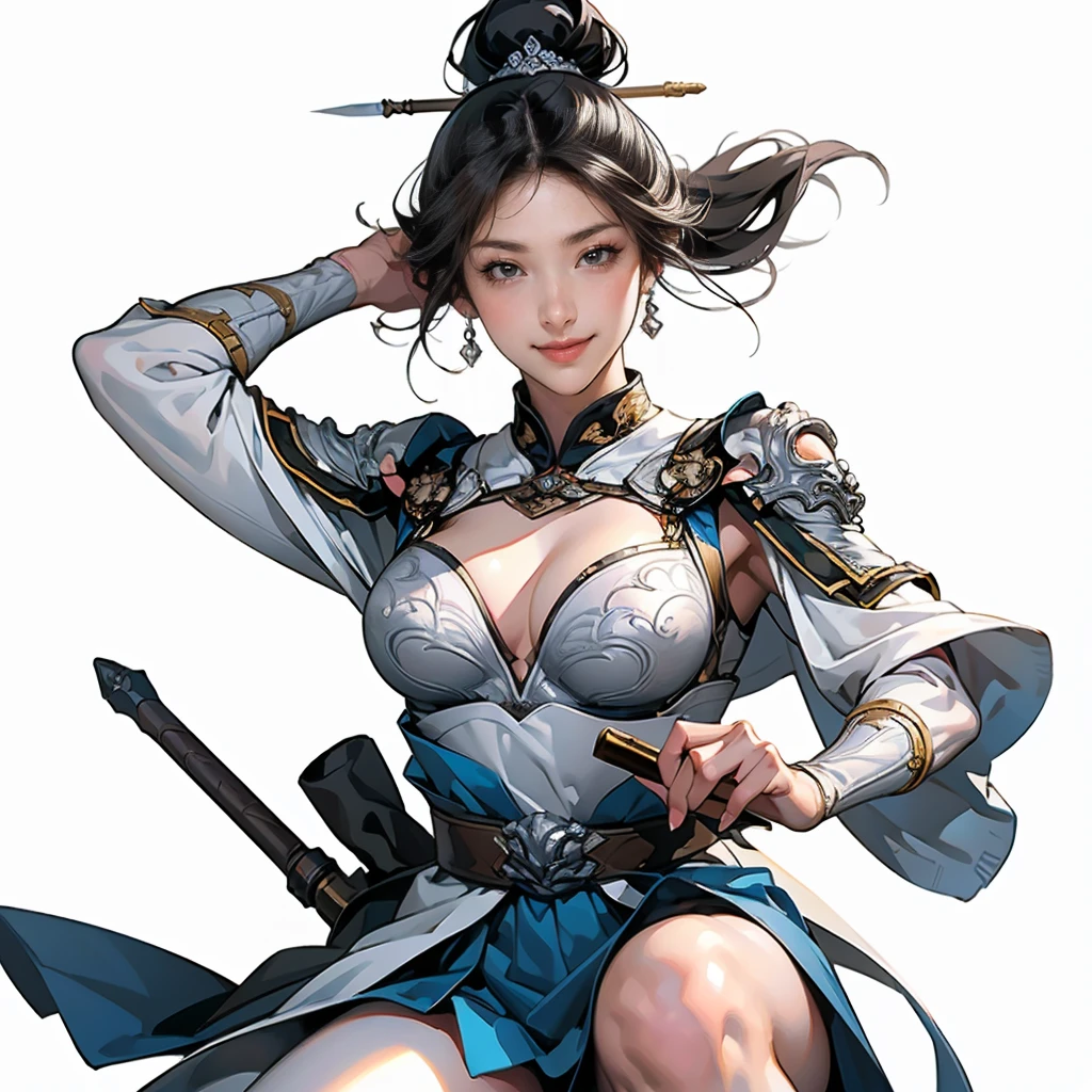 ( best quality,4K,8k, high definition ,masterpiece:1.2),super detailed,(super fine illustration),(((A woman drawn in an anime-style illustration ))),Ancient Chinese war princess ,20-year-old woman,(Shining Dark Eyes , Long Beautiful Black Hair , sculpted face ,smile), perfect style with eight heads ,Big Breasts:1.2,hairyarmpit:1.3,NFSW:1.3,(Silver HX armor based on ancient Chinese white :1.1,Armor with open armpits ,( is wielding a spear:1.3),dynamic pause:1.3,( open armpits and hairy armpits can be seen by viewers ),( cowboy shot,( depicted so that everything from the tip of her head to above her knee can't be seen:1.3)),( standing:1.3,wide-angle photo:1.3, candid photo),(( white background:1.3,simple background:1.2))