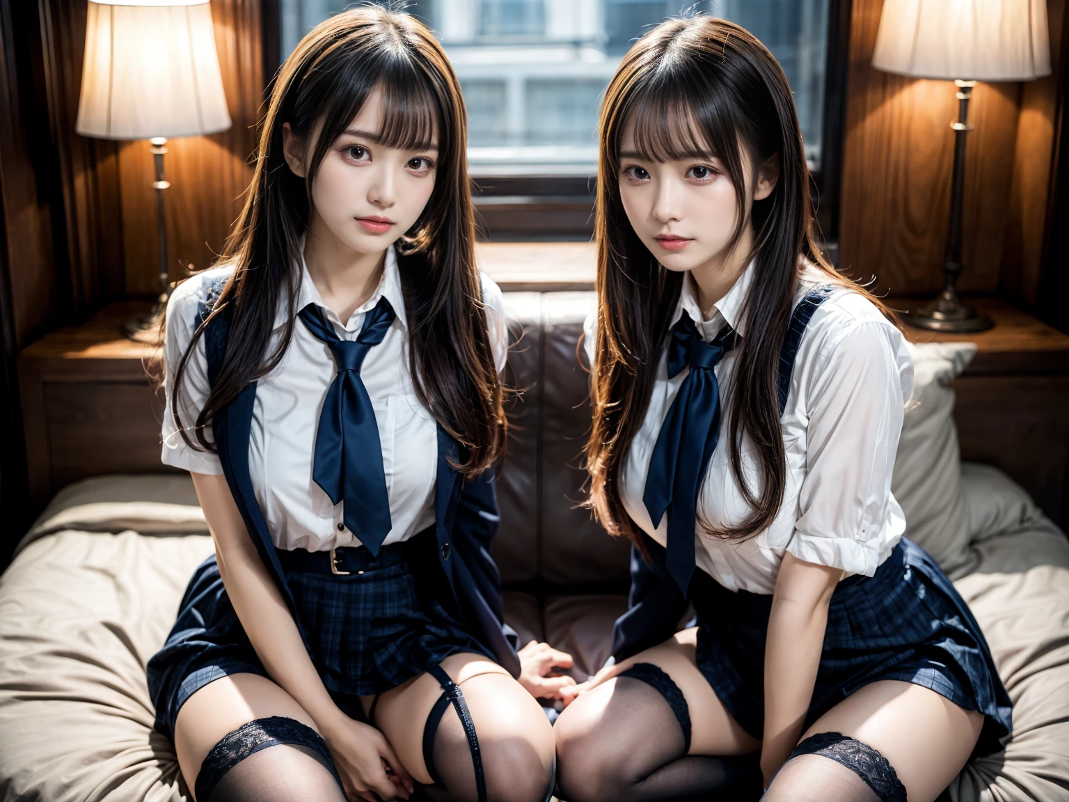 (8K, Raw photography, top-quality, masterpiece:1.2), master piece, best quality, illustration, Super detailed, fine details, High resolution, 8K,wall paper, perfect dynamic composition,(Details High quality, realistic depiction of eyes:1.3), ((2 girls, 2 schoolgirls)), The background is a luxury hotel room、High school girl uniform、blazer 、Super Short Check Uniform Skirt、Navy blue high socks、garterbelts、Colossal tits、Disturbed uniform, Play with each other,Touching each other's bodies,Touching the body of the girl next door, short bob hair, black hair color, huge breasts, Big Natural Color Lip, bold sexy pose, (perfect body shape), crying a little、cold gaze, Beautiful makeup,glitter makeup,Cutest 18 years old, beautiful legs, hposing Gravure Idol, Voluptuous thighs