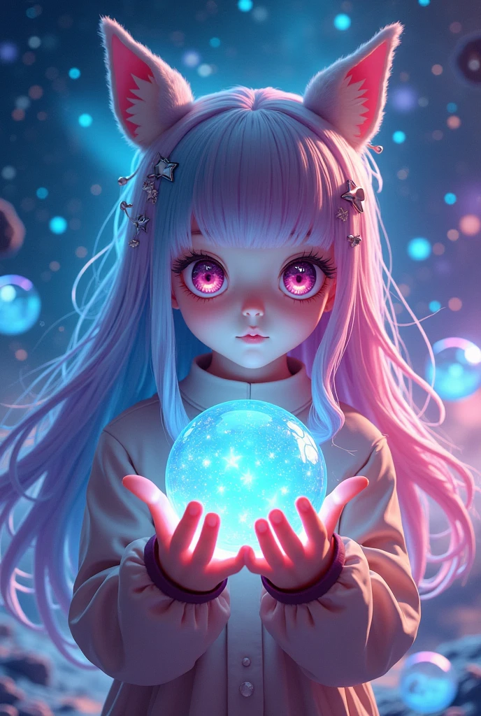 live-action ,  long hair with colorful 3D hologram spheres  ,  holding colorful 3D hologram spheres on the palm ,  dynamic and beautiful ,  surrounded by a fantastic cosmic background filled with stars and galaxies, Showcasing advanced technology and a sense of surprise ,  vibrant colors. very cute ,  1 Japanese idol , 、 perfect face、 the cutest 、 very cute 、 symmetrical eyes next to woman ,  eyelash ,  Extremely thin skin with great attention to detail ,perfect anatomy ( chubby,) ,