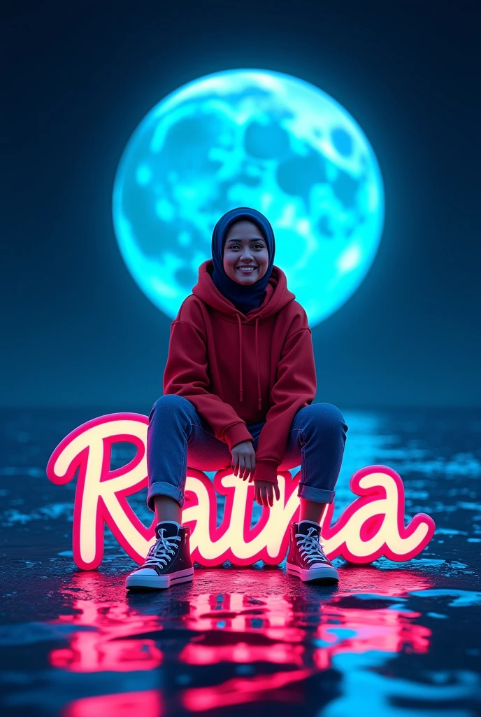 Realistic full hd 64K image Showing a beautiful Indonesian woman sitting on a fluffy cloud, wearing a beautiful purple dress with a hijab. The girl is accompanied by two white bears on the left and right.,there is also text "reisya" big bold font name and face should be very clear smooth The background is unique with purple sky, decorated with stars and hanging clouds, create a calm and peaceful atmosphere, HD smooth picture