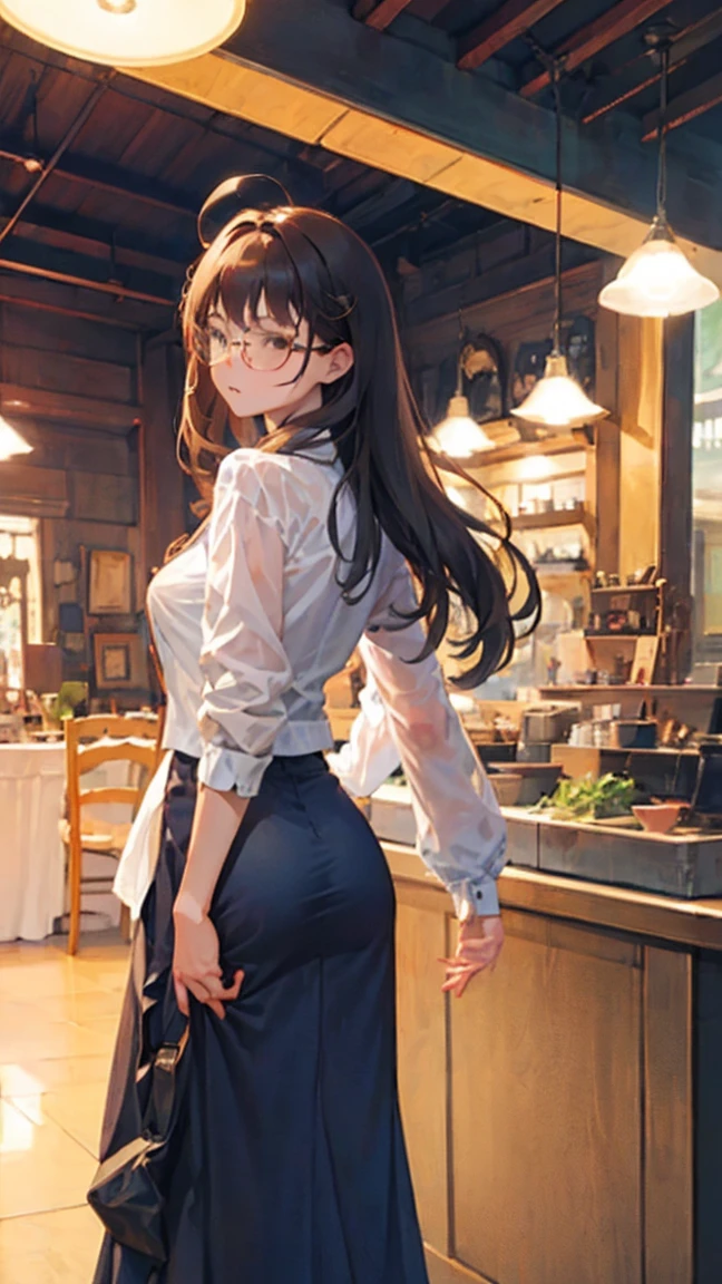  woman with glasses showing her butt、See-through underwear、Anis 、 long hair、Unpopular Staircase 、night、 shy face、Transparent skirt