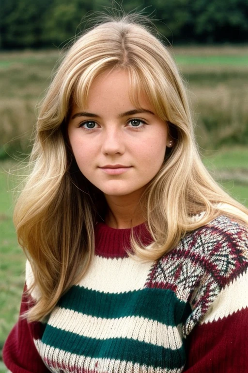 Medium view, of young aged, 16 year old, mom, gilf, milf, face portrait, german features, chubby, long 1970s hair, blond hair, 1970s clothing, in Small town 1970s,