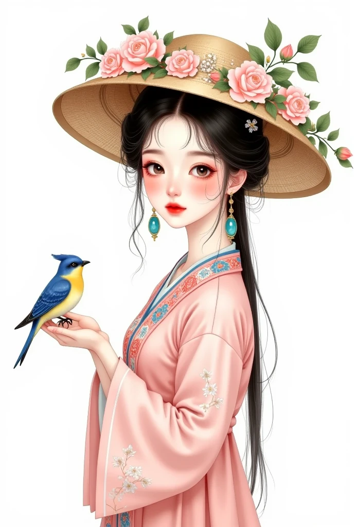 Chinese girl wears traditional clothes, wearing a pink camellia pattern Hanfu, gorgeous, pastoral, French style, quiet face, bright eyes, wearing a small French style big sunhat, with super many pink flowers on the hat, and a lot of blue The bird is perched on the hat, the bird is perched on the girl's hand, fresh and pastel colors