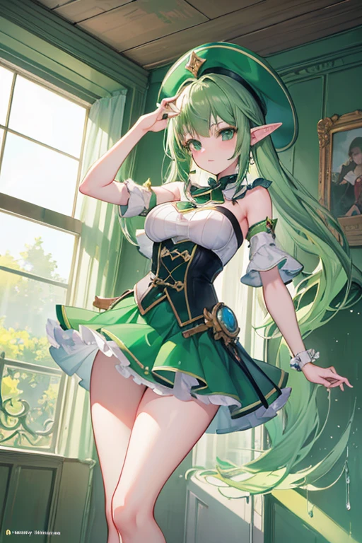 1 girl、as adult、girl、cute underwear、In underwear、(small breasts)(small breasts)、(upper body portrait)、、green hair、elf、、skirt、jump、