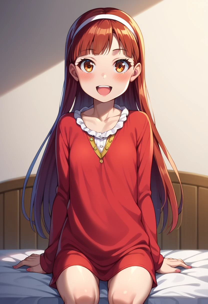 (( best quality)), ((masterpiece)), (be familiar with),  perfect face, indoor, bedroom,  viewer,
One woman,  Yukiko Aikina,
 open mouth,  ecstatic expression with hands in front of body, blush, smile,
Small breasts,  flat chested, Young girl, Lori,  kids,  girl,
 long hair,  Long Hair,
Leg spread,