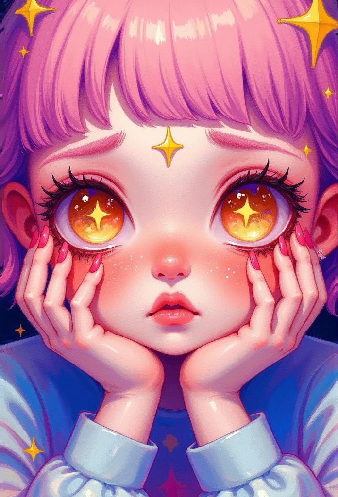 A close-up of the face of a beautiful girl with pink hair and blonde eyes. Long eyelashes, golden stars decorate her eyelids, and her lips have a faint blush. Her hands touch her face, her fingers are slender, and she has a beautiful long manicure. Soft and soft colors are used with surreal portrait styles and fantasy illustrations. The ethereal background provides a lovely cartoon design, baodada. which softly lights up the dreamlike. Digital art technology shows detailed strokes in high resolution in the style of a fantasy illustrator.