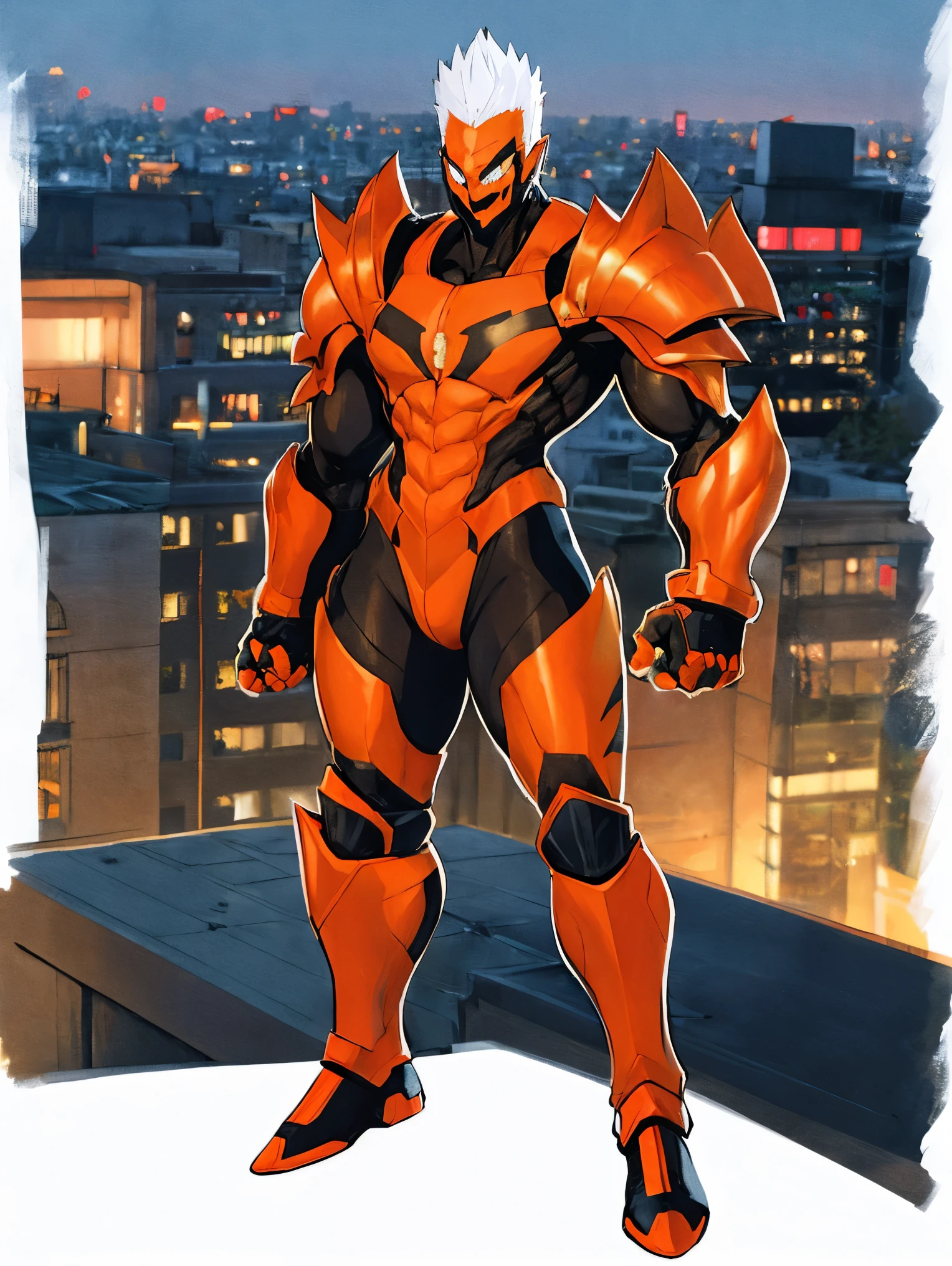 ((best quality)), ((masterpiece)), (detailed), 1 man, full body, 54 years old, senior citizen, masked, eye mask, orange mask that covers half of his face, spiked mask, evil smile, metal goblin ears, gremlin, yellow cat eyes, white hair sticking out of the top, mohawk, brown collar, tall, very thin, hunched over, long metal claws, spikes on his forearms, brown details, brown fingerless gloves, orange wristbands, orange nanotech suit, light armor, orange chest with an emblem, high shoulder pads, orange suit with brown stripes, brown tiger stripes, triangle emblem on his chest, orange emblem, orange pants, orange knee pads, metallic orange boots, metallic orange shoes, brown superhero belt, standing on a building, city background, anime