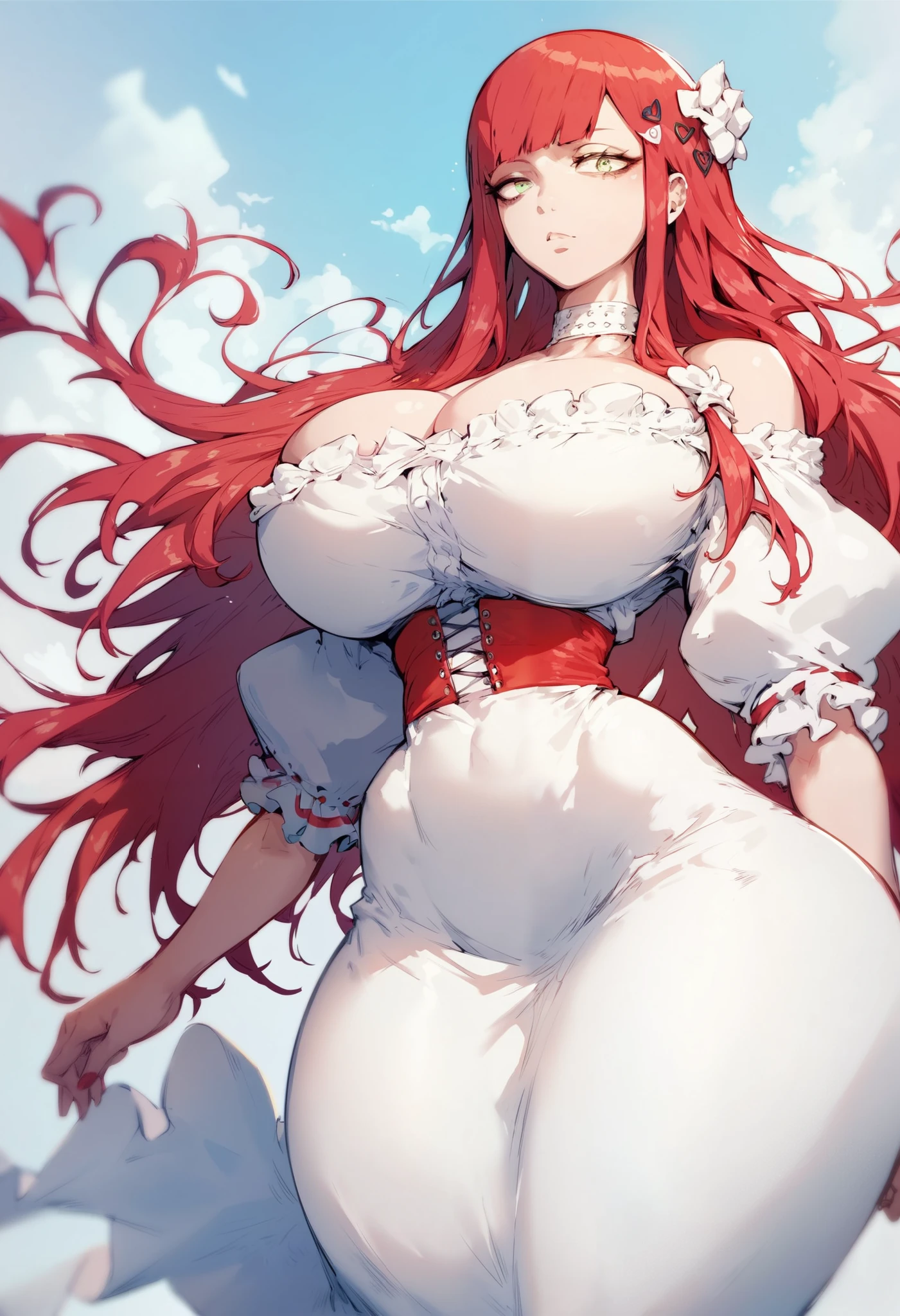 Sluttyoutfit, huge wide hips, huge breasts, thin waist, narrow waist, sexy face, kushina uzumaki, red hair 