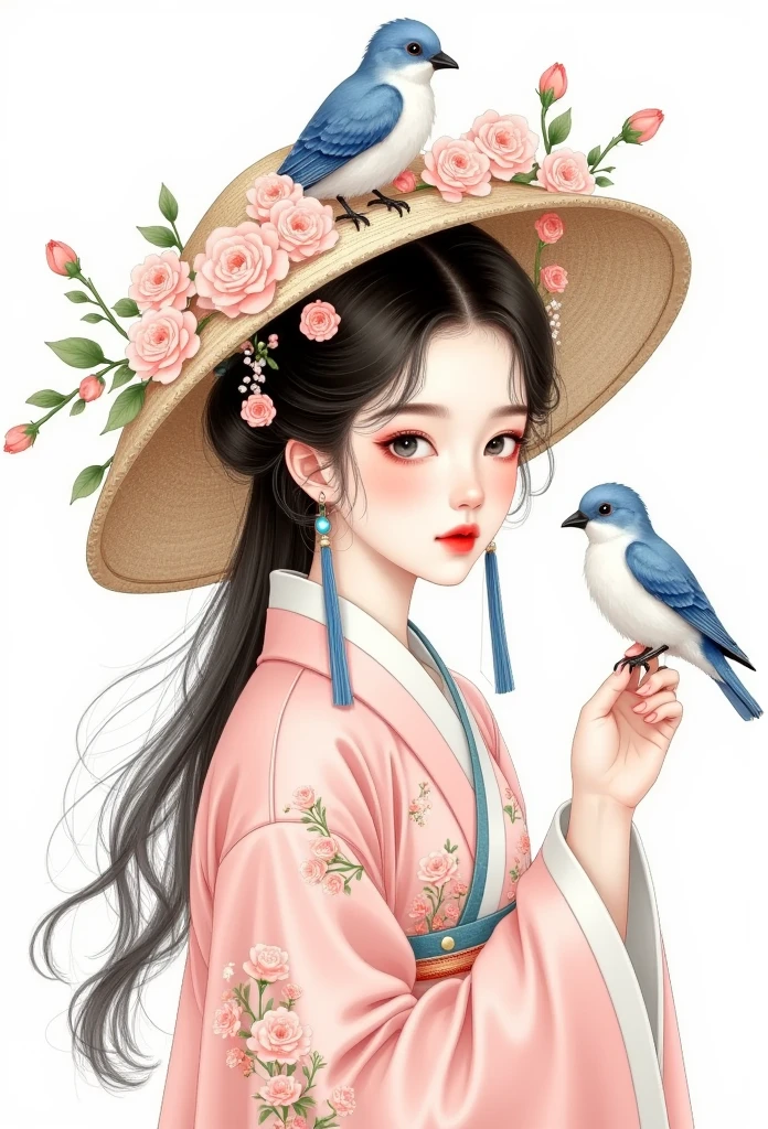 Chinese girl wears traditional clothes, wearing a pink camellia pattern Hanfu, gorgeous, pastoral, French style, quiet face, bright eyes, wearing a small French style big sunhat, with super many pink flowers on the hat, and a lot of blue The bird is perched on the hat, the bird is perched on the girl's hand, fresh and pastel colors