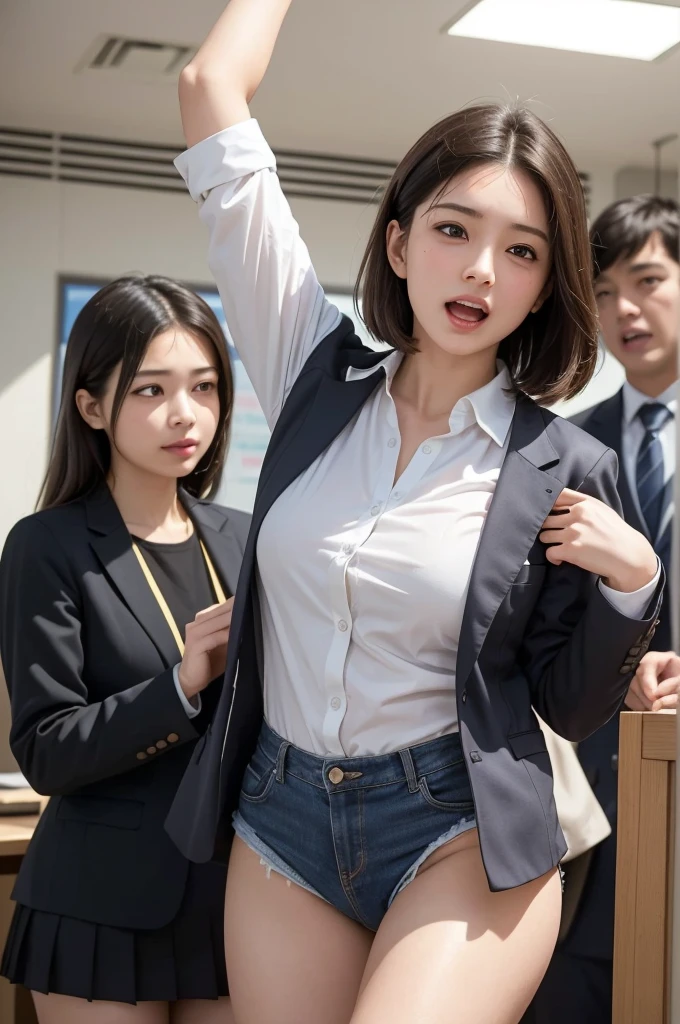Pubic hair grows、Smile full of happiness、(((During sex)))、During sex、During sex、Panting face、Lacking、After being attacked、Sweating、Expression in a state of excitement、short-hair、eye glass、Business suits(tight miniskirt)、(((sexypose:1.3)))、