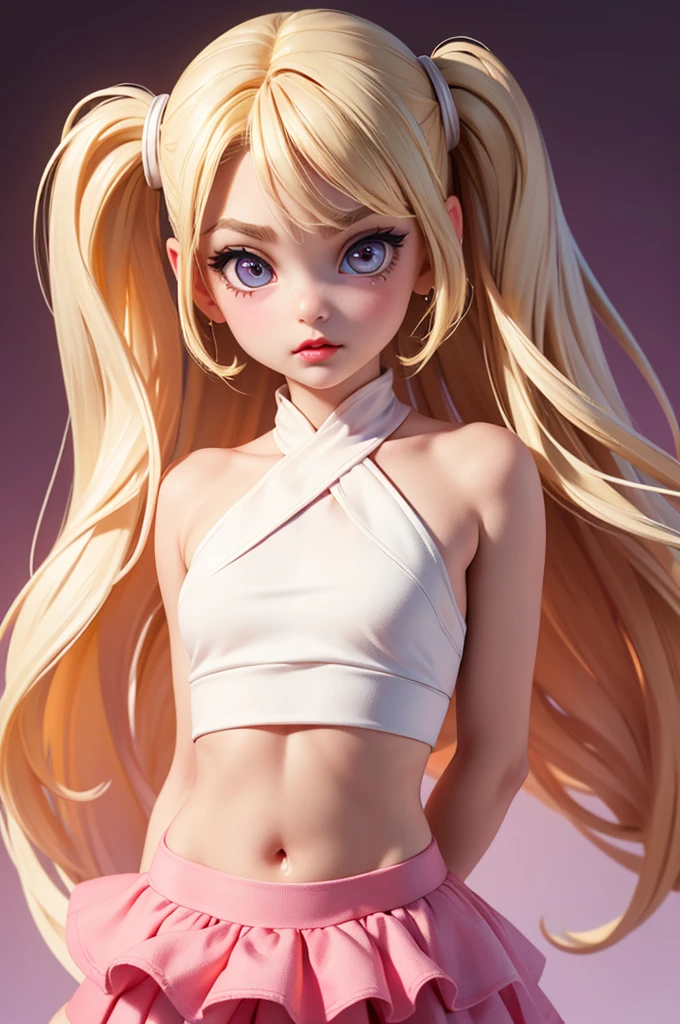 Master Parts, Best Quality, Render Jobs、。.。.3D Styles、。.。.3DMM,。.。.3D, 1girl in, Soio, yellow  hair, hitornfreckles, jewely, sideways Facing, Realistic, full length, Clear and simple background, yellow fringe, Skirt、looking at away, The long-haired, Separated lips, green colored eyes, gargantilha, makeup, Smiling wearing pink clothes, Beautiful teeth, Yellow shoes、Wearing lace panties、Beginning々Shishi Body、(life-likeｵﾏﾝｺ)、(((Very realistic panties)))、(((I can see panties)))、(Cameltoe)