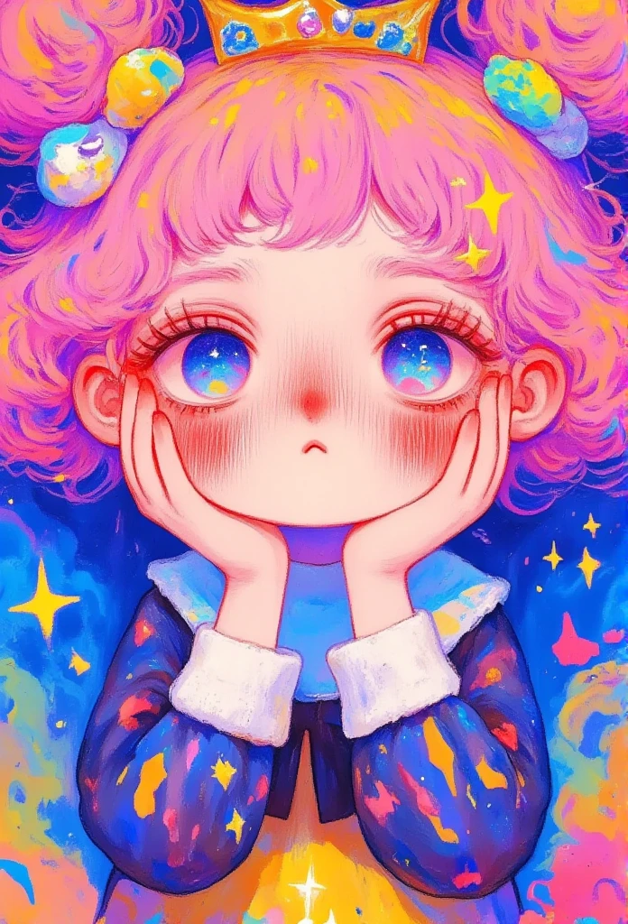 A close-up of the face of a beautiful girl with pink hair and blonde eyes. Long eyelashes, golden stars decorate her eyelids, and her lips have a faint blush. Her hands touch her face, her fingers are slender, and she has a beautiful long manicure. Soft and soft colors are used with surreal portrait styles and fantasy illustrations. The ethereal background provides a lovely cartoon design, baodada. which softly lights up the dreamlike. Digital art technology shows detailed strokes in high resolution in the style of a fantasy illustrator.