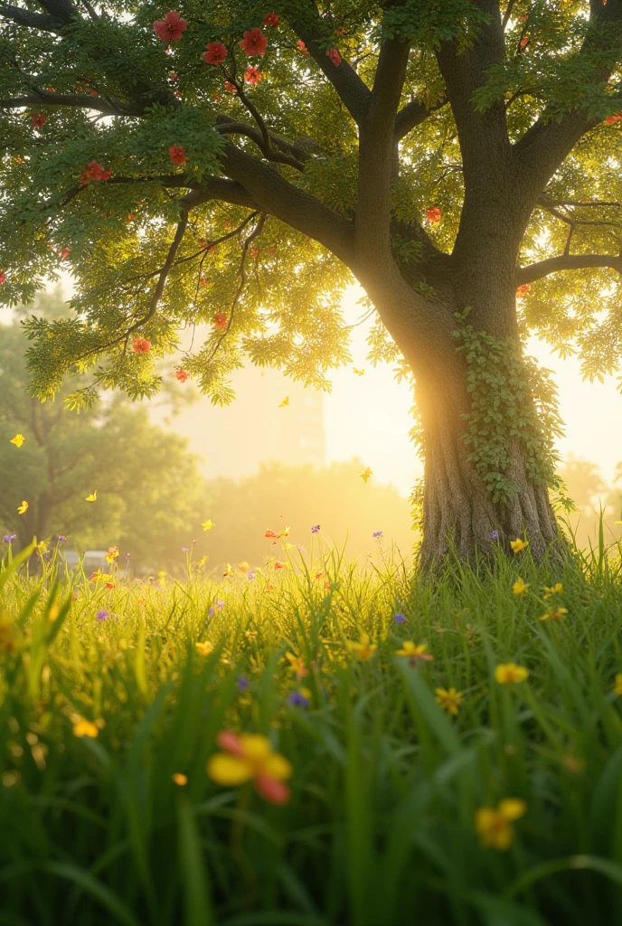 A beautiful tree at the green meadow in te morning, with the sunlight and some flying leaves, grass swaying in the wind, with colorful mini flowers. 