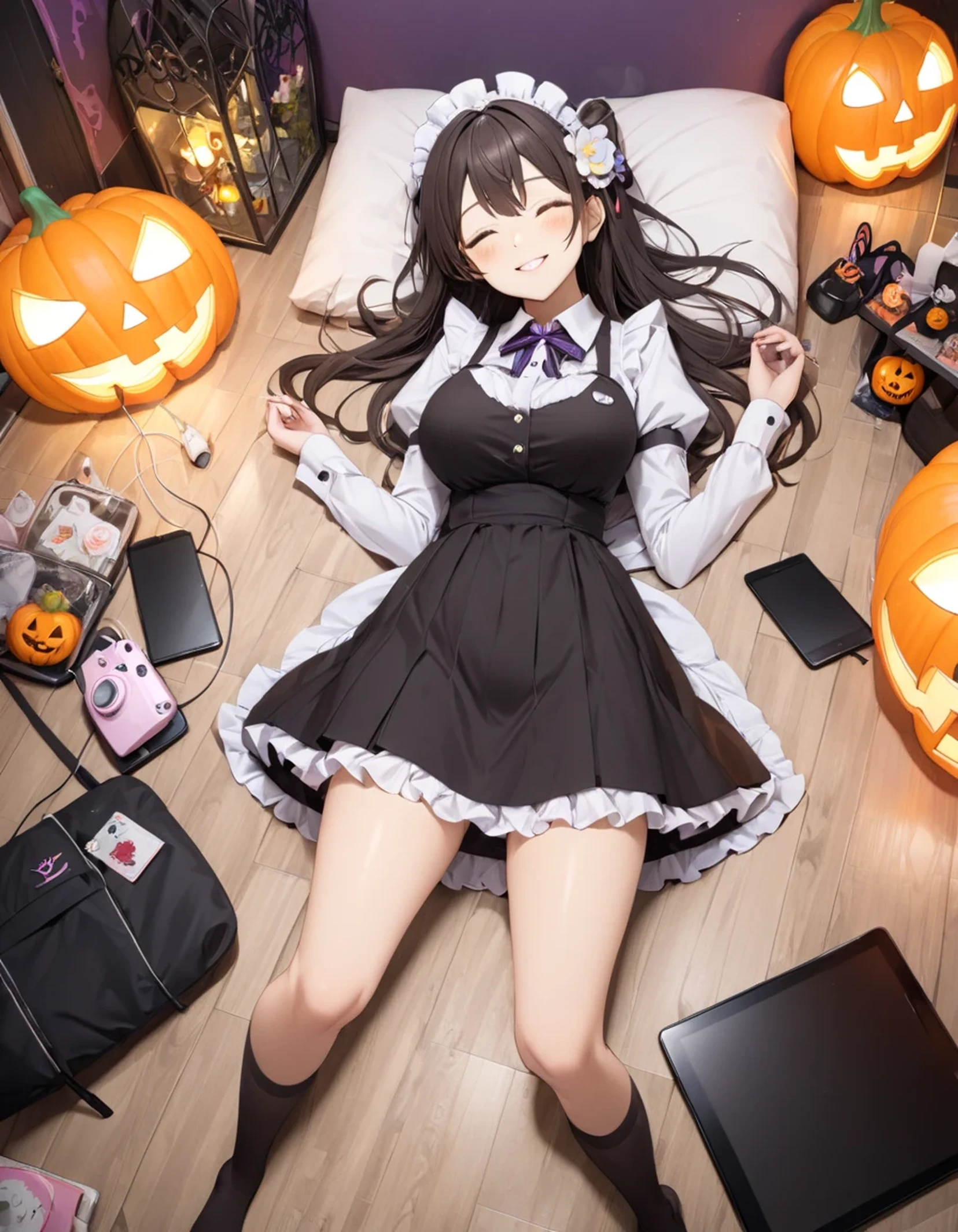 ポップダークファンタジー, (Detailed clothing:1.2), dynamic poses, Pointy Rest , bunny girl working at a maid cafe :1.5, best smile:1.5, full body shot :1.5, a girl lying on her back on the floor playing on her tablet, 1girl, underwear, panties, alone, black hair, skirt, lying, white panties, closed eyes, socks, phone, ((Halloween Night Lights)), alone, long hair, high definition , Big Breasts,smile, brown hair, like, blue eyes, hair flower,