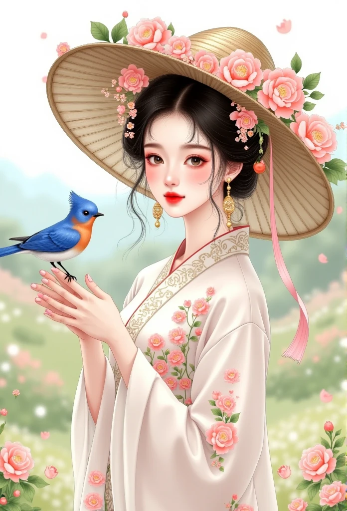 Chinese girl wears traditional clothes, wearing a pink camellia pattern Hanfu, gorgeous, pastoral, French style, quiet face, bright eyes, wearing a small French style big sunhat, with super many pink flowers on the hat, and a lot of blue The bird is perched on the hat, the bird is perched on the girl's hand, fresh and pastel colors