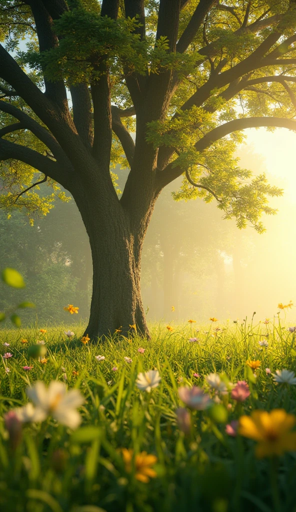 A beautiful tree at the green meadow in te morning, with the sunlight and some flying leaves, grass swaying in the wind, with colorful mini flowers. 