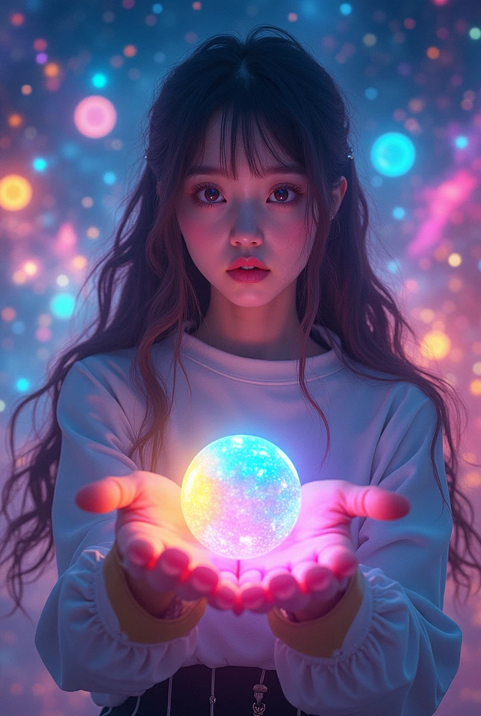 live-action ,  long hair with colorful 3D hologram spheres  ,  holding colorful 3D hologram spheres on the palm ,  dynamic and beautiful ,  surrounded by a fantastic cosmic background filled with stars and galaxies, Showcasing advanced technology and a sense of surprise ,  vibrant colors. very cute ,  1 Japanese idol , Age 15、 symmetrical eyes next to woman ,  eyelash ,  Extremely thin skin with great attention to detail ,perfect anatomy ( chubby,) ,