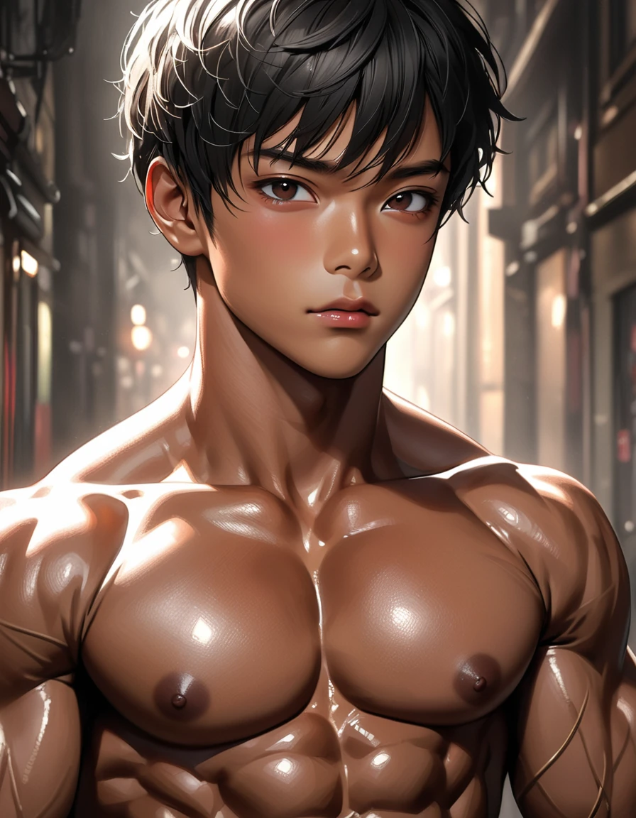 high quality, detailed, (22 years old tanned japanese idol wrestler boy), (detailed black eyes), (black short hair), (muscle:1.5), (dark brown shiny skin:1.3), black tiny thong, bulge,(detailed areola),dungeon, wet,(best quality,4k,8k,highres,masterpiece:1.2), (face close up:0.7),(realistic,photorealistic,photo-realistic:1.37),