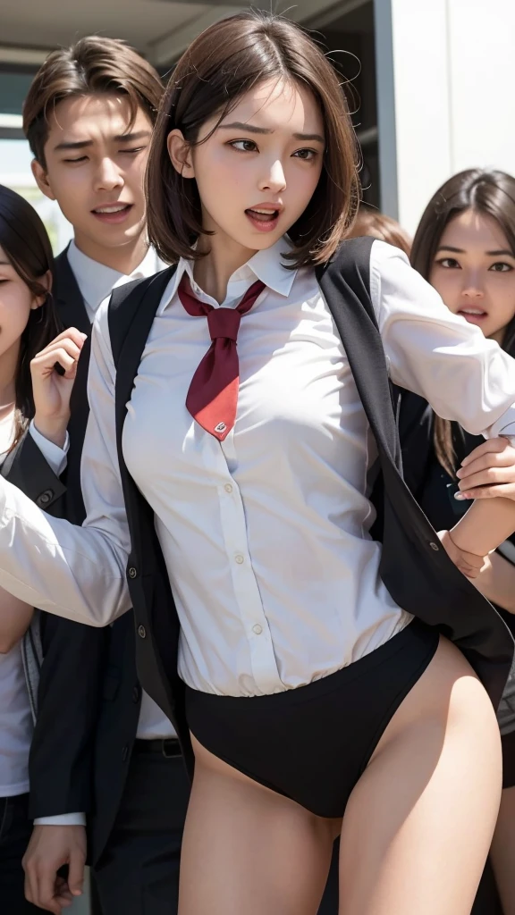 清楚な Japaneseの美人女子学生を物色する中年男性たち,  Female students are suddenly taken off their school uniforms in front of others and their sexy underwear is revealed , Female students who are being watched all at once by the public and horny viewers and screaming ,  Female students who are humiliated head-on by molester men present and put on ashamed faces in competitive underwear to expose their abomination, They forcibly attack female students who are ashamed and put up with it in groups :1.3,  nasty men who open their mouths and scream excited by the reaction of the female students ,   female students with their bodies being stimulated by male students, their underwear is wet, and they are in despair due to shame , Short wavy bob hair, Vivid and realistic, blush, Distorted Eyes,  super high resolution, 2k,  clear white skin , 細身の体,  Japanese,  anatomically correct  