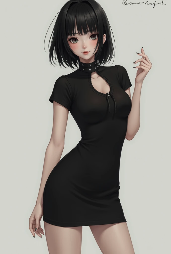 ((Best quality)), ((masterpiece)), (detailed), perfect face, beautiful eighteen year old girl, (((very slim and skinny, ((very small breasts)), Very narrow waist))), Long white hair, blushes a little and smiles, (dressed in a revealing black dress without underwear, The cutouts in the dress emphasize the shaved pubis), side view